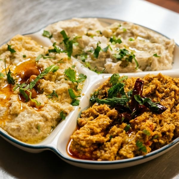 A three-sectioned dish with various dips: hummus, baba ghanoush, and a spicy red pepper dip.