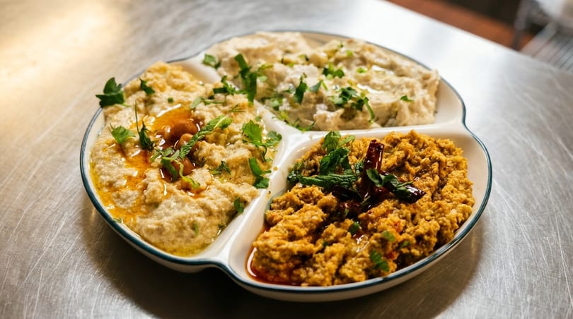 A three-sectioned dish with various dips: hummus, baba ghanoush, and a spicy red pepper dip.