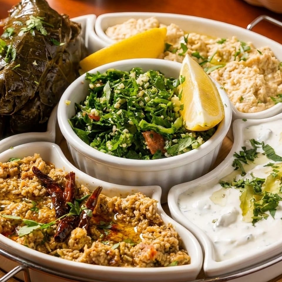 A white platter with five sections of Middle Eastern appetizers, including dolmas, tabbouleh, and dips.