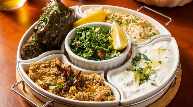 A white platter with five sections of Middle Eastern appetizers, including dolmas, tabbouleh, and dips.